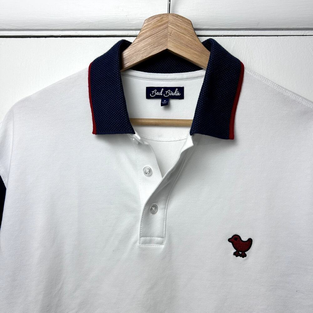 Bad Birdie Golf Polo White Navy Blue Red Pique Cotton Shirt Short Sleeve Medium - Picture 4 of 9
